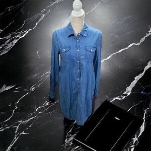 Indigo Rein Women Blue Chambray Button-Front Mini Shirt Dress Sz Sm Denim Pocket